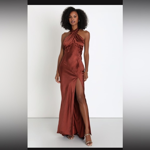 Lulus start of forever brown satin halter mermaid maxi dress - Picture 7 of 9